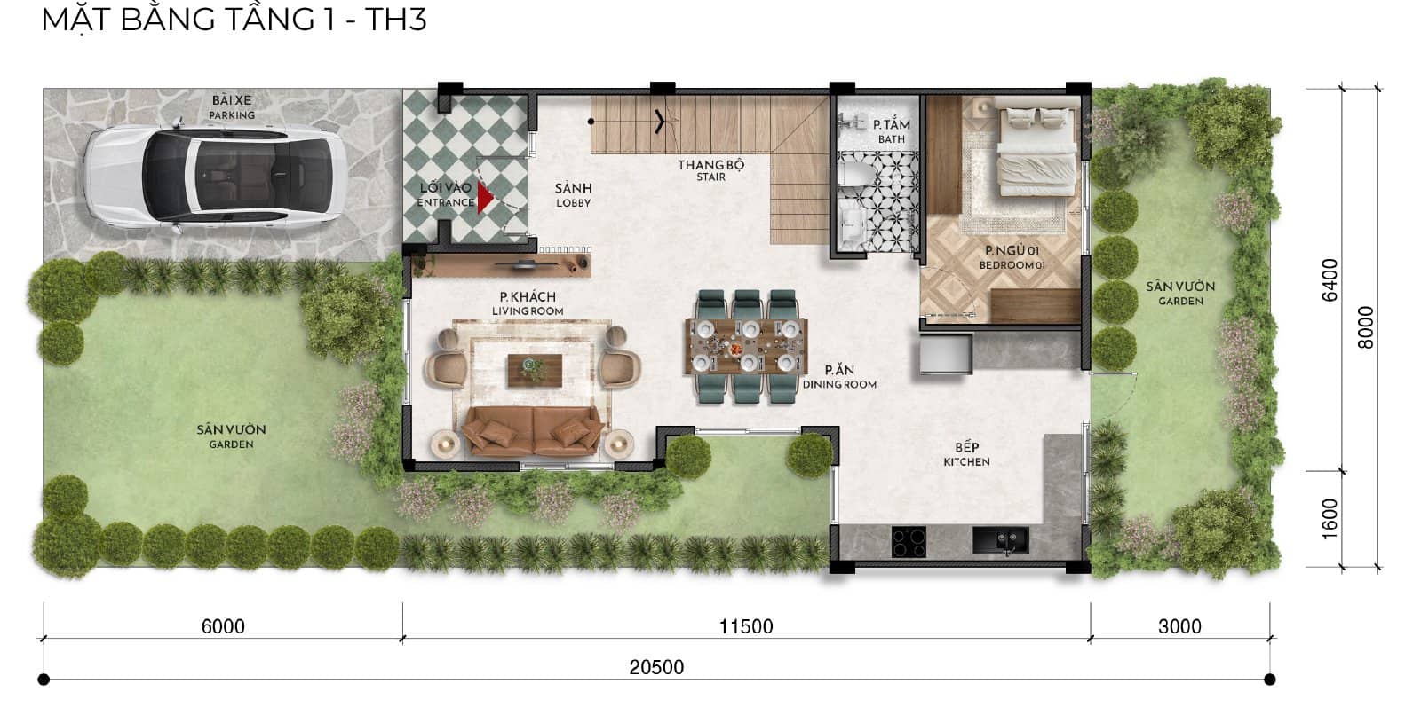 Mặt bằng tầng 1 TH3